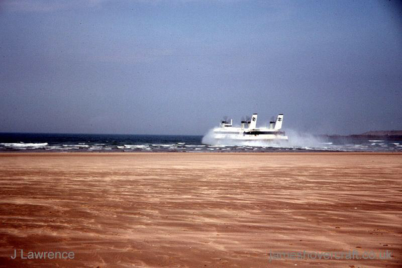 The SRN4 with Seaspeed in Calais - Departing Calais hoverport (Pat Lawrence).